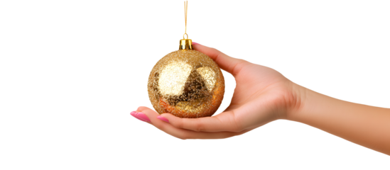 woman's hand holding Christmas ball isolated on white, cut out