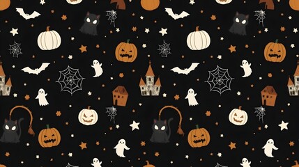 Seamless Halloween pattern with pumpkins, ghosts, bats, spider webs, stars, and haunted houses on dark background, cute spooky holiday design for wrapping paper and textiles