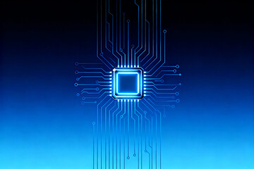 Microchip with circuitry on blue background