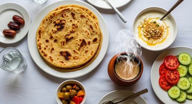 A healthy traditional breakfast with paratha, yogurt topped with nuts, dates, tea, olives, and sliced tomatoes and cucumbers, beautifully arranged on a white table for a nutritious start to the day.

