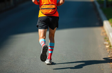 Fototapeta premium Man runs on asphalt road wearing orange t-shirt and black shorts. Runner has blue and red striped socks and white sneakers. Person is participating in a marathon or jogging for fitness.