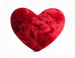 Heart-shaped red plush pillow with button eyes stitched whiskers and soft velvety texture on white background for editorial gift photography novelty décor and Valentine’s Day-themed visuals