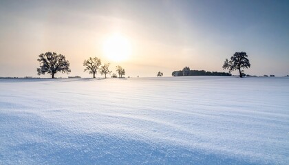 Snow-covered landscape with smooth undisturbed surface silhouetted trees and low sun in clear sky for editorial nature photography winter serenity and seasonal minimalism-themed visuals