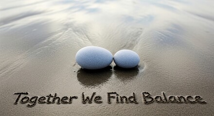 Two smooth stones together on beach sand with a message