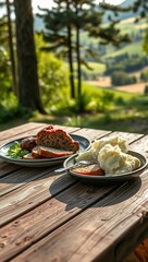 countryside picnic enamelware wooden table rustic casual meatloaf mashed potatoes greenery outdoor  
