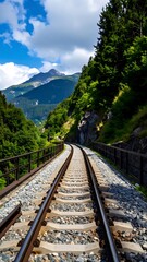 Fototapeta premium Mountain railway track under blue sky