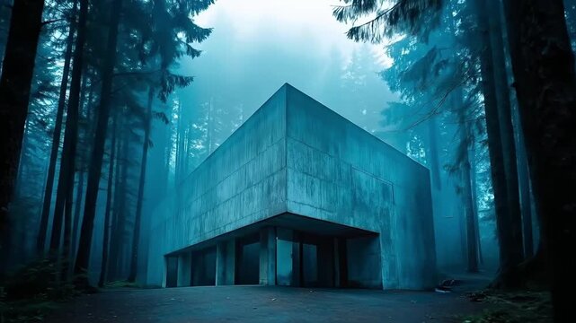 A building in the middle of a forest in the fog