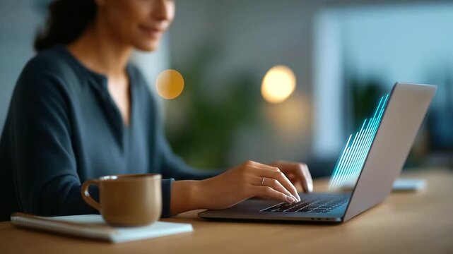 A businesswoman uses a laptop for SEO analysis a virtual SEO icon glowing charts tracking online traffic her desk with a notebook and a coffee mug SEO optimization digital mar