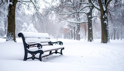 Snow-covered park with central wooden bench and leafless trees under overcast sky for editorial winter photography landscape design and poetic solitude-themed visuals