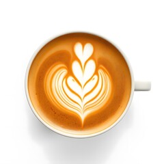 Overhead view of latte art coffee cup with heart pattern on white background