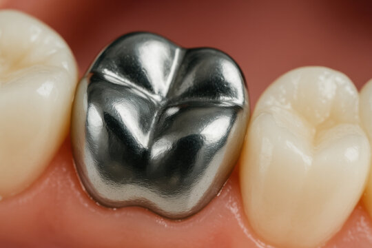 Close up of shiny silver dental crown among natural white teeth macro medical photography oral health care concept