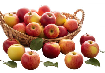 Red yellow apples in woven basket isolated on a transparent background