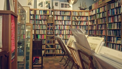Library filled with shelves of colorful books and blurred artwork creates cozy indoor atmosphere showcasing literature collection.