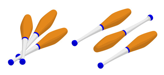 Isometric set of juggler clubs for performing in the circus arena. 3D vector concept isolated on white background