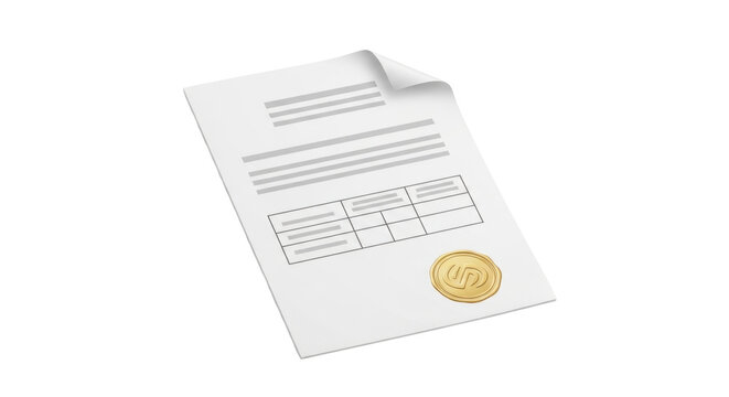 Isolated document page with form and seal on surface, paperwork ready for approval