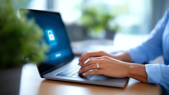 A businesswoman uses a laptop with a cybersecurity interface a digital padlock securing folders her office with a secure server model and plants cybersecurity protection data