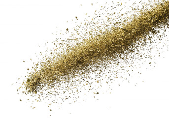 Golden dust particles scattered across black isolated on a transparent background