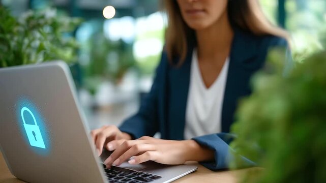 A businesswoman uses a laptop with a cybersecurity interface a digital padlock securing folders her office with a secure server model and plants cybersecurity protection data