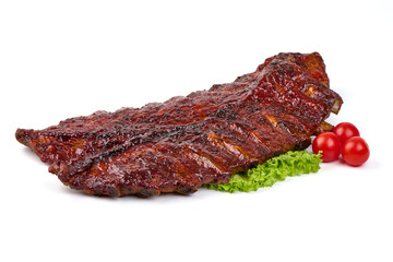 Barbecue Ribs with Tomatoes and Lettuce, isolated on white background