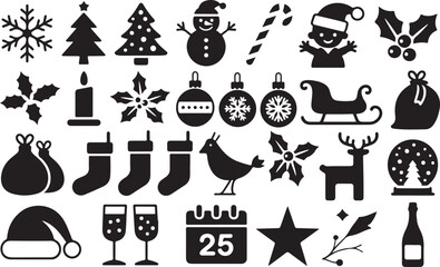 Christmas icons of decoration elements . Christmas silhouettes Vector winter black icons of snowflakes, christmas tree, balls, bottle, vector silhouettes of elf, snowman, deer. Big christmas set