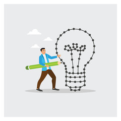 Businessman Holding Large Pencil Connecting Dot Puzzle As New Lightbulb Idea.