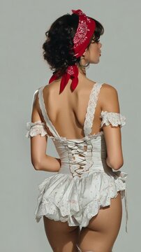 Modelo Pin-Up Vintage en Corset Blanco Poses de Espalda | Video Vertical 4K


