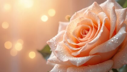 Close up of delicate peach rose with water droplets on petals. Soft bokeh background with warm light. Rose has many petals, gentle color. Water droplets sparkle on rose. Background has blurry lights.
