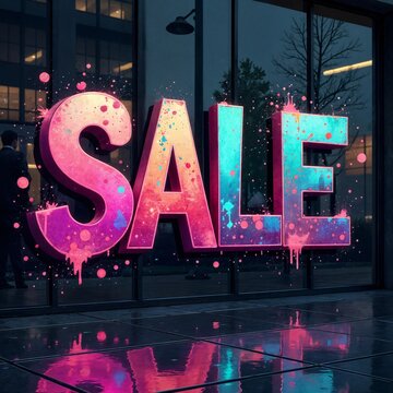 A sale in the style of colorful graffiti on a glass storefront