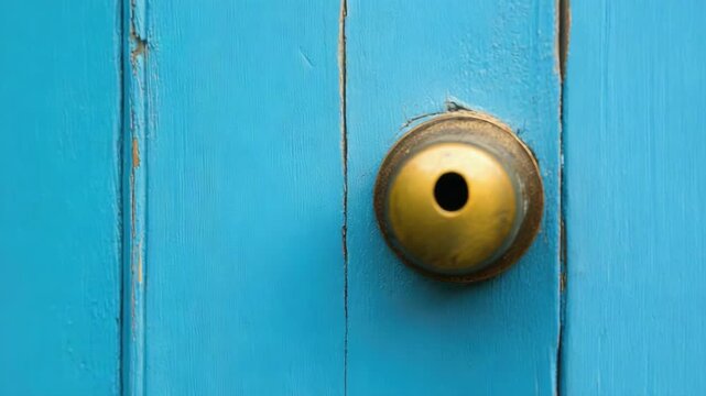 Close-up of vintage brass peephole on bright blue wooden door