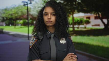 Young hispanic woman police officer in uniform standing with crossed arms on street near green park...