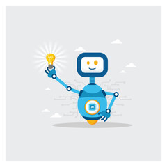 Smart Robot With an AI Chip Is Thinking of a New Light Bulb Idea in Hand.