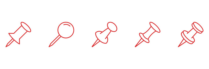 Push Pin and Thumbtack Outline Icon Set. Reminder Note Fastener and Office Bulletin Marker Line Symbol Collection. Editable Stroke. Isolated Vector Illustration