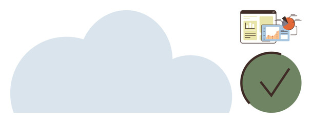 Large cloud icon alongside analytics tools, reports, and tick mark. Ideal for technology, data management, cloud computing, business approval, digital security, planning simple flat metaphor