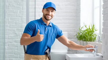 Plumber demonstrates successful faucet repair with thumbs up in modern bathroom