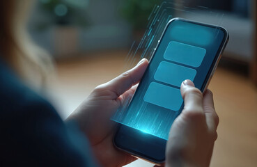 Person holds smartphone with glowing blue rectangles on screen. Hand displays health data on phone. Adult checks activity, sleep, heart rate on mobile device. Woman uses tech for wellness tracking.