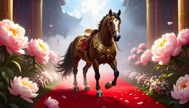 Horse on Red Carpet, Fantasy Scene, Floral Background, Elegant - Powered by Adobe