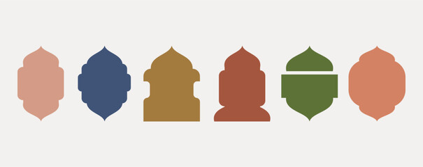 Set badge background Collection of oriental style Islamic windows and arches with modern boho design, mosque dome and colorful lanterns 