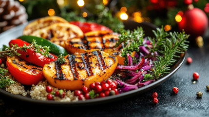 Christmas-themed plate with colorful roasted vegetables, festive napkin, healthy holiday food in red and green tones, bright lighting, vegetarian seasonal dinner, copy space