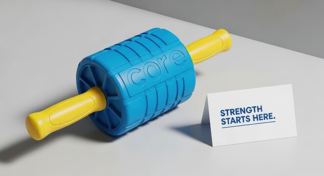 Blue and yellow core roller with strength message on white surface
