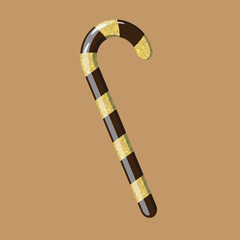Vector illustration of candy. New Year's bright striped lollipop lollipop in the shape of a stick. Glitter gold and chocolate candy.