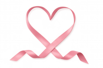 Pink ribbon forming heart shape representing breast cancer awareness, support, charity, and love with transparent background