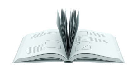 Isolated blank book, open with pages arranged vertically in the center and text and boxes on pages