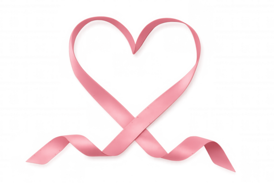 Pink ribbon forming heart shape representing breast cancer awareness, support, charity, and love with transparent background - Powered by Adobe