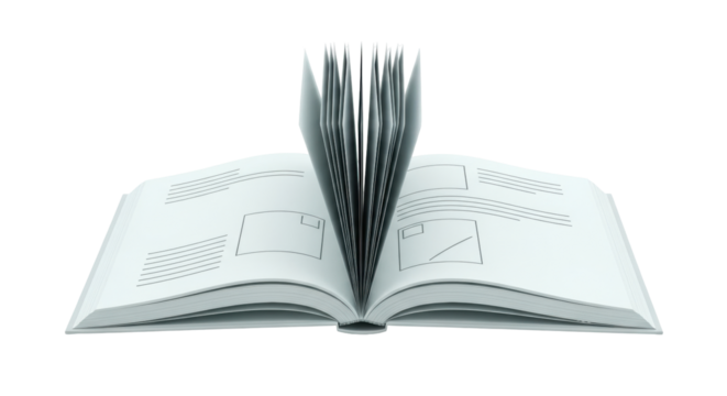 Isolated blank book, open with pages arranged vertically in the center and text and boxes on pages