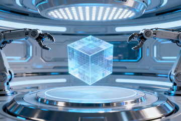 Futuristic robotic arms and cube