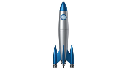 Isolated shiny silver toy rocket with blue accents, future concepts and retro design