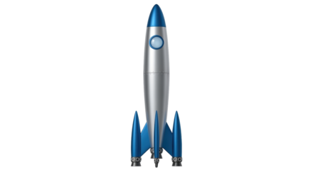 Isolated shiny silver toy rocket with blue accents, future concepts and retro design