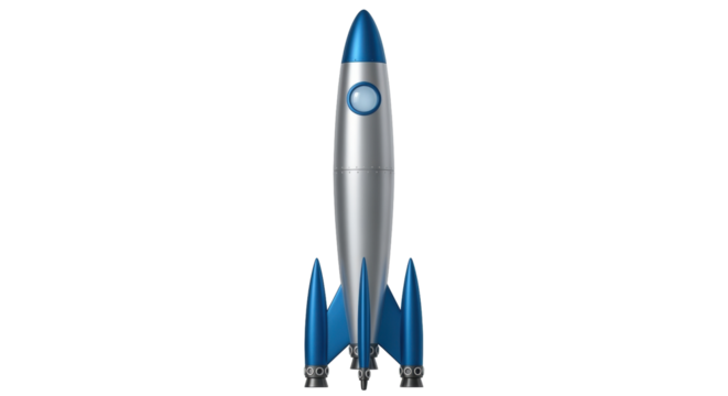 Isolated shiny silver toy rocket with blue accents, future concepts and retro design