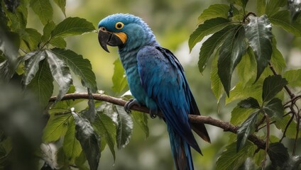 Obraz premium A brilliant blue macaw perches on a branch, surrounded by lush green foliage