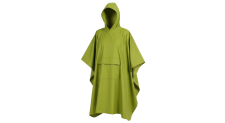 Isolated olive-green rain poncho with hood, front pocket, and sleeves for camping and outdoor adventures